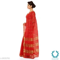 Kota Doria Cotton Zari Stripes Checks saree with Unstitched Blouse piece - Saree Length Size:5.5m Blouse Length Size:0.8, Red, Saree And Blouse Fabric:Cotton Blend, Pack of :1